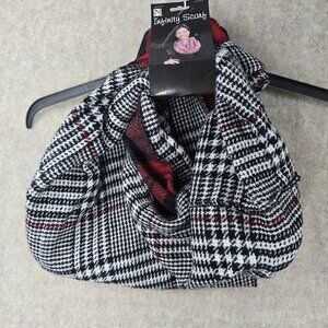 Nicole Infinity Scarf Black/White Houndstooth & Red Plaid 100% Acrylic